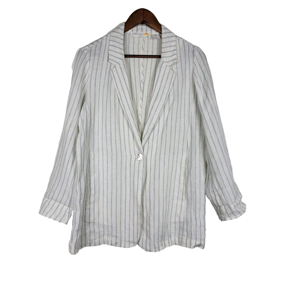 C&C California Women's Medium 100% Linen Roll Tab Striped Blazer